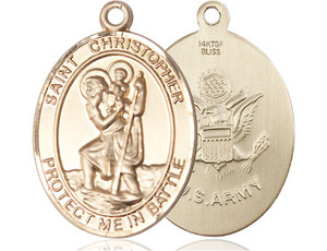 St. Christopher Army Medal - 14kt Gold Oval Pendant (2 Sizes) St. Christopher Army Medal - 14kt Gold Oval Pendant (2 Sizes)