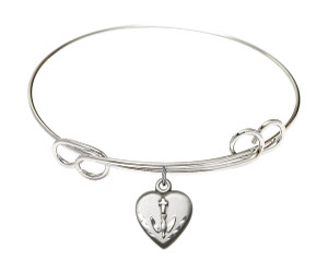 Heart - Confirmation Double Loop Bangle Bracelet - Sterling Silver Charm