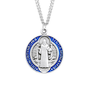 St. Benedict Jubilee Blue & Red Medal Necklace - Sterling Silver Pendant (0.9" Round) on Endless Stainless Chain St. Benedict Jubilee Blue & Red Medal Necklace - Sterling Silver Pendant (0.9" Round) on Endless Stainless Chain