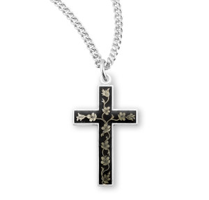 Black Flowered Cross Necklace - Sterling Silver Pendant on 18" Stainless Chain Black Flowered Cross Necklace - Sterling Silver Pendant on 18" Stainless Chain