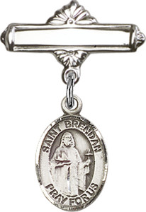Personalized Baby Badge - Engraved Badge Pin with St. Brendan the Navigator Charm