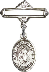 Personalized Baby Badge - Engraved Badge Pin with St. John the Baptist Charm