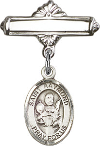 Personalized Baby Badge - Engraved Badge Pin with St. Raymond Nonnatus Charm