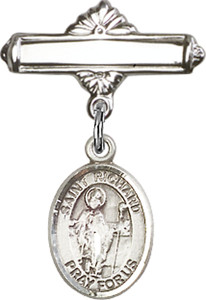Personalized Baby Badge - Engraved Badge Pin with St. Richard Charm