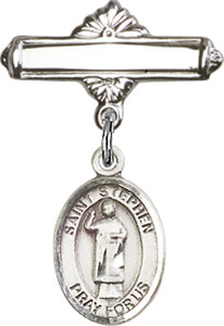 Personalized Baby Badge - Engraved Badge Pin with St. Stephen the Martyr Charm