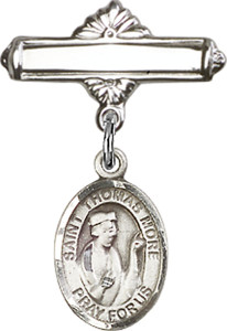 Personalized Baby Badge - Engraved Badge Pin with St. Thomas More Charm