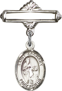 Personalized Baby Badge - Engraved Badge Pin with St. Zachary Charm