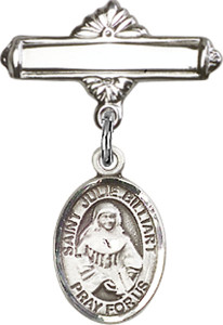 Personalized Baby Badge - Engraved Badge Pin with St. Julie Billiart Charm