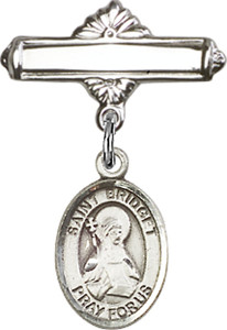 Personalized Baby Badge - Engraved Badge Pin with St. Bridget of Sweden Charm
