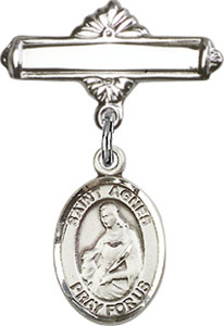 Personalized Baby Badge - Engraved Badge Pin with St. Agnes of Rome Charm