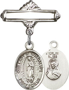Personalized Baby Badge - Engraved Badge Pin with Our Lady of Guadalupe Charm