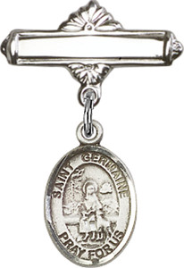 Personalized Baby Badge - Engraved Badge Pin with St. Germaine Cousin Charm