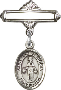 Personalized Baby Badge - Engraved Badge Pin with St. Nino de Atocha Charm