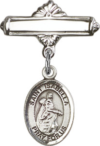 Personalized Baby Badge - Engraved Badge Pin with St. Isabella of Portugal Charm