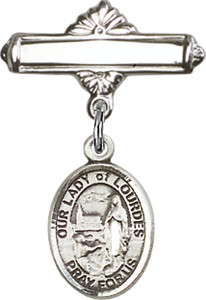 Personalized Baby Badge - Engraved Badge Pin with Our Lady of Lourdes Charm
