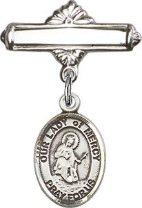 Personalized Baby Badge - Engraved Badge Pin with Our Lady of Mercy Charm
