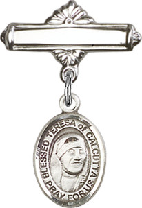 Personalized Baby Badge - Engraved Badge Pin with St. Teresa of Calcutta Charm