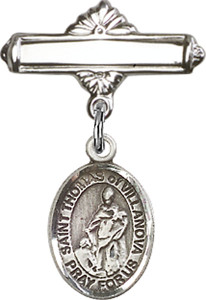 Personalized Baby Badge - Engraved Badge Pin with St. Thomas of Villanova Charm