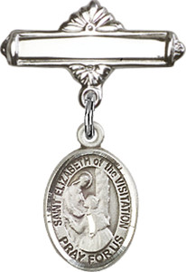 Personalized Baby Badge - Engraved Badge Pin with St. Elizabeth of the Visitation Charm