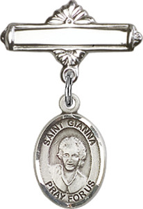 Personalized Baby Badge - Engraved Badge Pin with St. Gianna Beretta Molla Charm