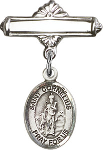 Personalized Baby Badge - Engraved Badge Pin with St. Cornelius Charm