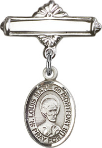 Personalized Baby Badge - Engraved Badge Pin with St. Louis Marie de Montfort Charm