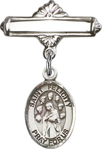 Personalized Baby Badge - Engraved Badge Pin with St. Felicity Charm