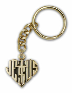 Jesus/Heart Medal Keychain - Gold Finish