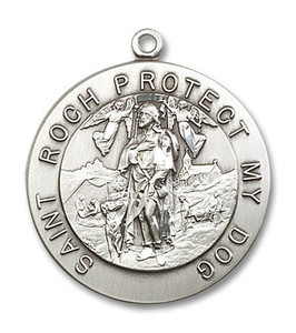 Large St Roch Protect My Dog Medal - Sterling Silver 1 1/8 x 1 Round Pendant 4270SS Large St Roch Protect My Dog Medal - Sterling Silver 1 1/8 x 1 Round Pendant 4270SS