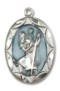 Embellished Blue St Christopher Medal - Sterling Silver 1 x 5/8 Oval Pendant 0801ECSS Embellished Blue St Christopher Medal - Sterling Silver 1 x 5/8 Oval Pendant 0801ECSS
