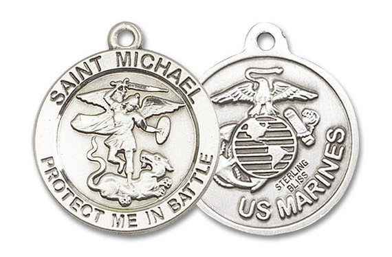 Large St Michael Marines Medal - Sterling Silver 1 x 7/8 Round Pendant 1170SS4