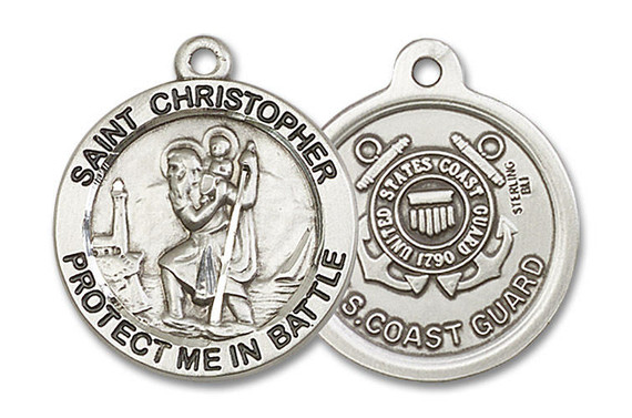 Large St Christopher Coast Guard Medal - Sterling Silver 1 x 7/8 Round Pendant 1174SS3