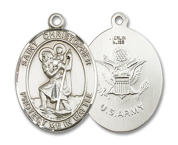 St. Christopher Army Medal - Sterling Silver Oval Pendant (2 Sizes)