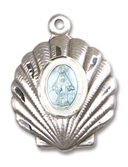 Miraculous Medal in a Shell Pendant - Sterling Silver 3/4 x 5/8 1258SS