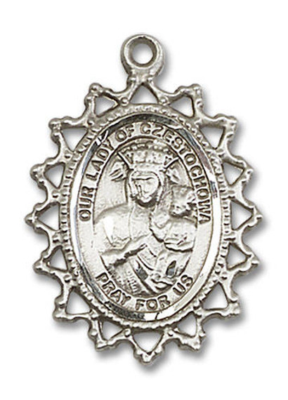 Filligree Large Our Lady of Czestochowa Medal - Sterling Silver 1 x 3/4 Pendant 1619CZSS