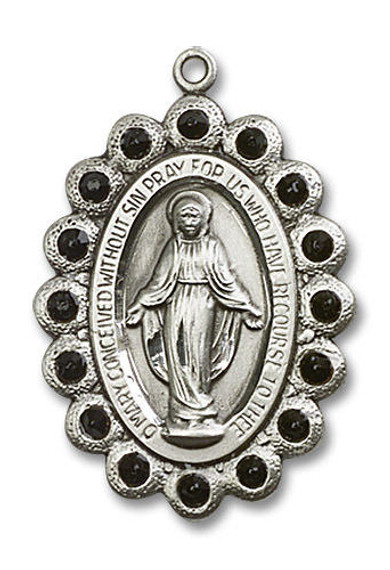 Black Bead Encrusted Miraculous Medal - Sterling Silver Oval Pendant 2 Sizes