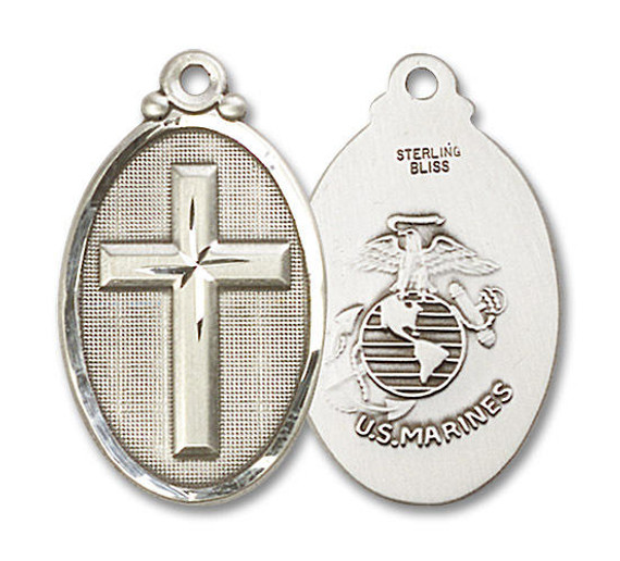 Large Marines Cross Medal - Sterling Silver 1 1/8 x 5/8 Oval Pendant 4145YSS4