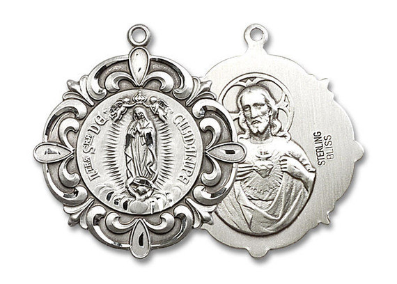 Embellished Large Our Lady of Guadalupe Medal - Sterling Silver 1 1/4 x 1 1/8 Pendant 4227SS