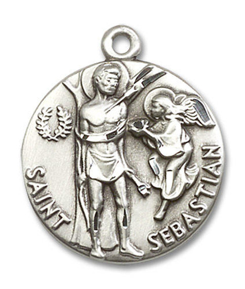 Large St Sebastian Medal - Sterling Silver 1 x 7/8 Round Pendant 4239SS