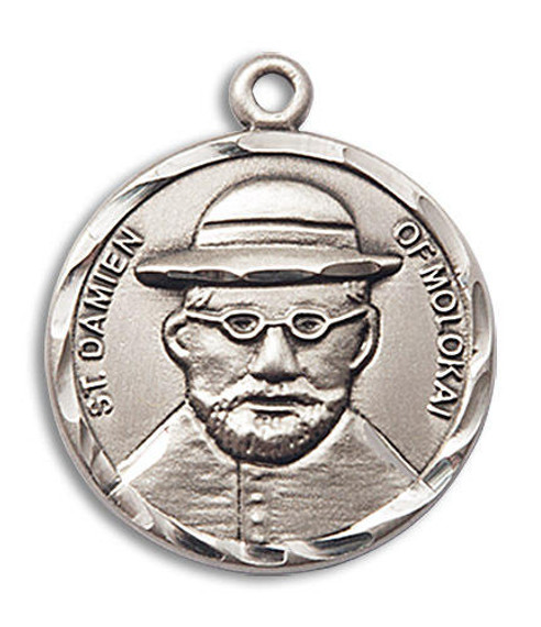 St Damian of Molokai Medal - Sterling Silver 7/8 x 3/4 Round Pendant 4273SS