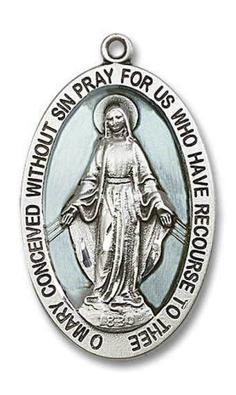 Extra Large Blue Miraculous Medal - Sterling Silver 1 5/8 x 1 Oval Pendant 5852ESS
