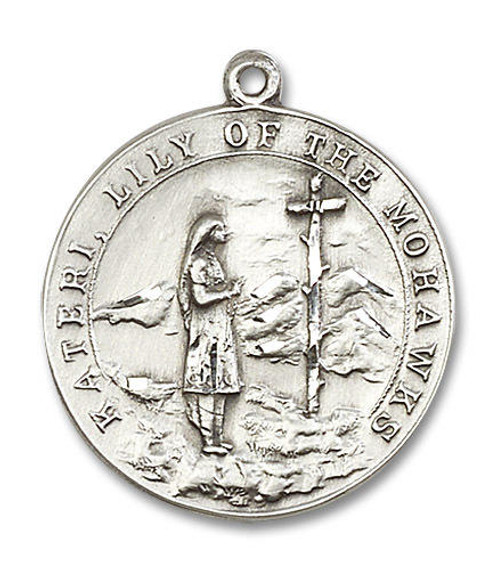 St Kateri Lily of the Mohawks Medal - Sterling Silver Round Pendant 2 Sizes