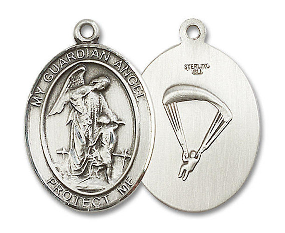 Guardian Angel Paratrooper Medal - Sterling Silver Oval Pendant 3 Sizes