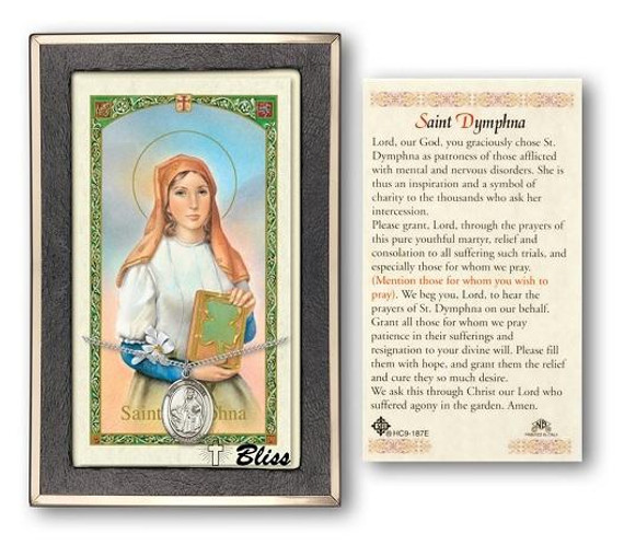 St Dymphna Medal With Prayer Card - Sterling Silver 3/4 x 1/2 Oval Pendant PC8032SS