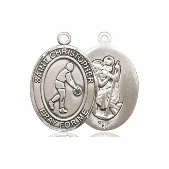 St Christopher Basketball Medal - Sterling Silver Oval Pendant 3 Sizes