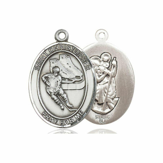 St Christopher Hockey Medal - Sterling Silver Oval Pendant 2 Sizes
