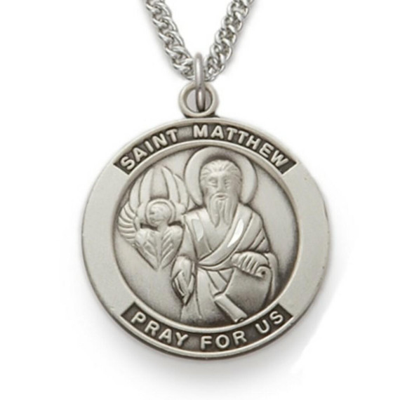 St Matthew Necklace - Sterling Silver Round Medal on 24 Stainless Chain SM8214SH