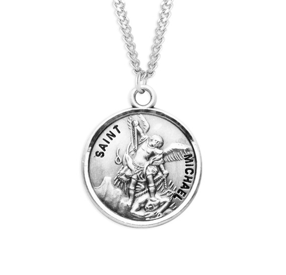 St. Michael Necklace - Sterling Silver 0.7" Round Pendant On 20" Stainless Chain