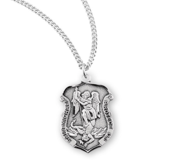 Womens St. Michael Badge Necklace - Sterling Silver Pendant on 18" Stainless Chain