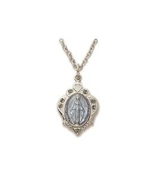 Blue Shell Miraculous Medal With Stones Necklace - 18 Stainless Chain SM8613SH